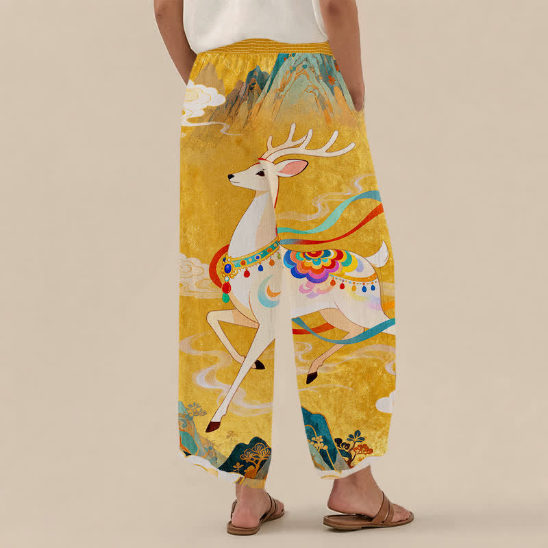 Buddha Stones Cotton Auspicious Deer Cloud Floral Pattern Pleated Elastic Waist Women's Harem Pants With Pockets - image 2