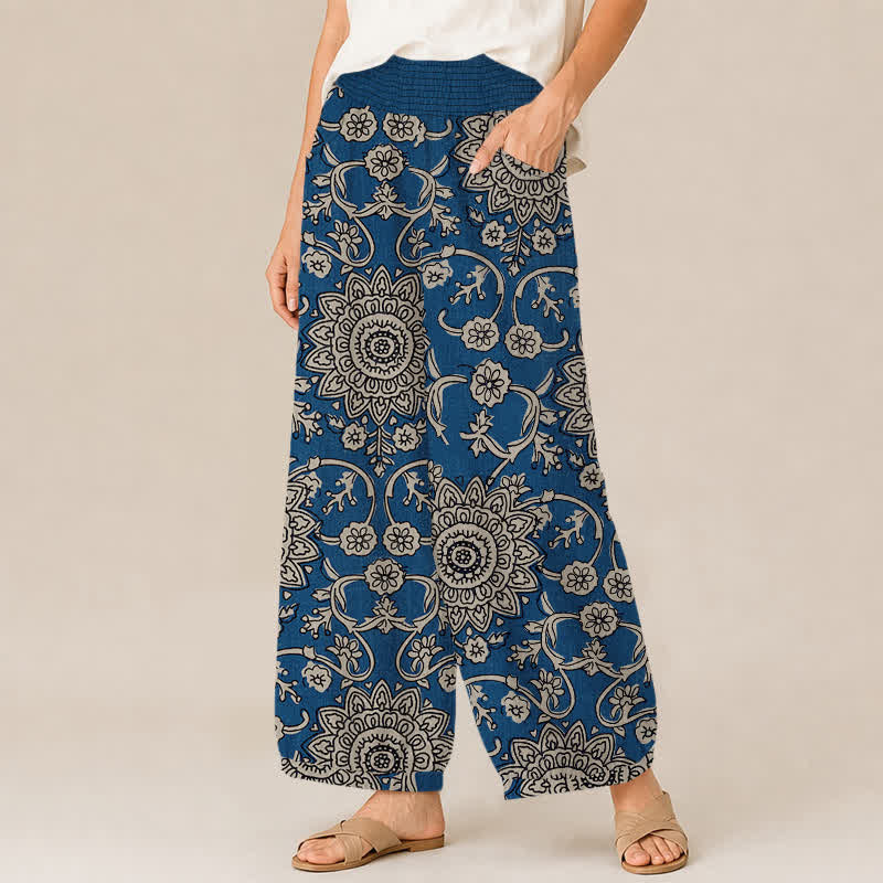 Buddha Stones Cotton Vintage Floral Mandala Pattern Pleated Elastic Waist Women's Harem Pants With Pockets - image 1