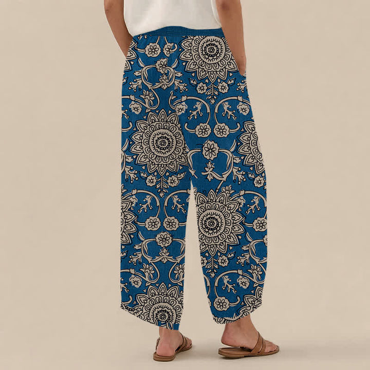Buddha Stones Cotton Vintage Floral Mandala Pattern Pleated Elastic Waist Women's Harem Pants With Pockets - image 2