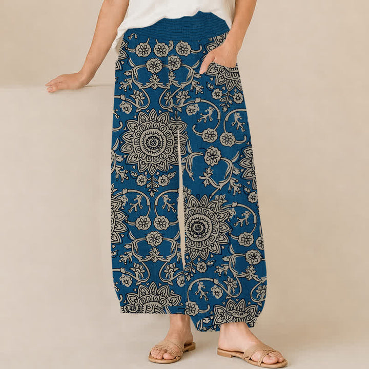 Buddha Stones Cotton Vintage Floral Mandala Pattern Pleated Elastic Waist Women's Harem Pants With Pockets - MidnightBlue - US16，UK/AU20，EU48 (3XL) - image 0