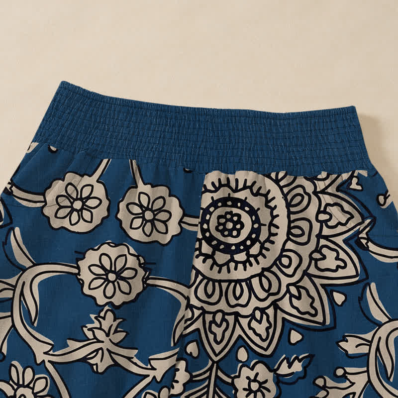 Buddha Stones Cotton Vintage Floral Mandala Pattern Pleated Elastic Waist Women's Harem Pants With Pockets - image 4