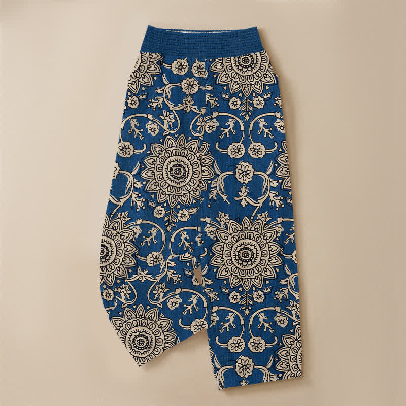 Buddha Stones Cotton Vintage Floral Mandala Pattern Pleated Elastic Waist Women's Harem Pants With Pockets - image 3