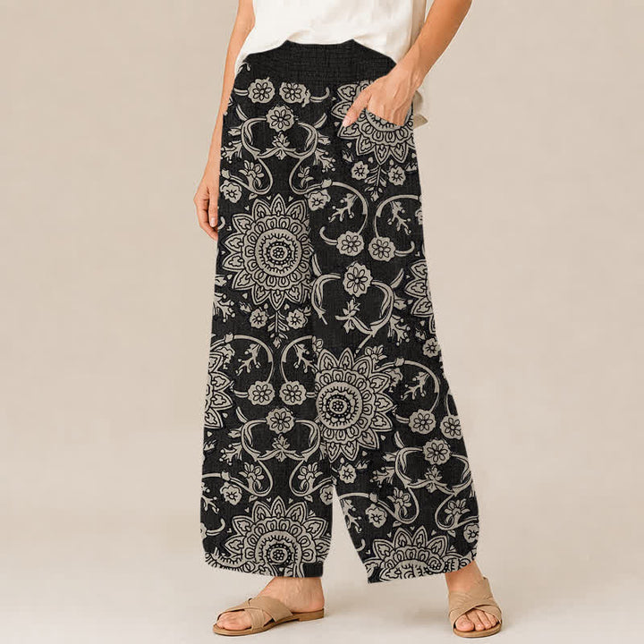Buddha Stones Cotton Vintage Floral Mandala Pattern Pleated Elastic Waist Women's Harem Pants With Pockets - image 7