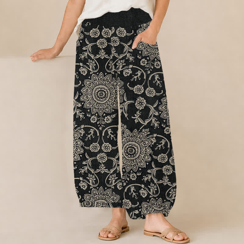 Buddha Stones Cotton Vintage Floral Mandala Pattern Pleated Elastic Waist Women's Harem Pants With Pockets - Black - US16，UK/AU20，EU48 (3XL) - image 6