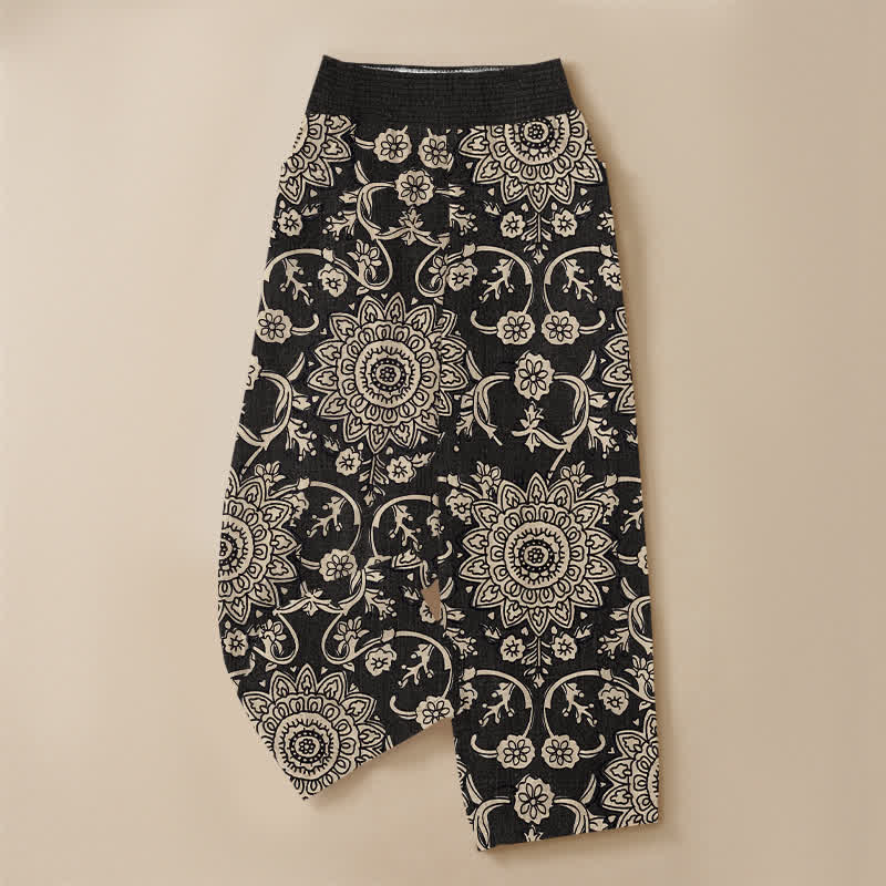 Buddha Stones Cotton Vintage Floral Mandala Pattern Pleated Elastic Waist Women's Harem Pants With Pockets - image 9