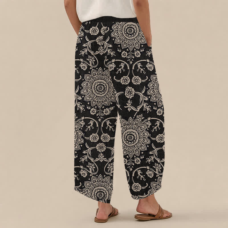 Buddha Stones Cotton Vintage Floral Mandala Pattern Pleated Elastic Waist Women's Harem Pants With Pockets - image 8
