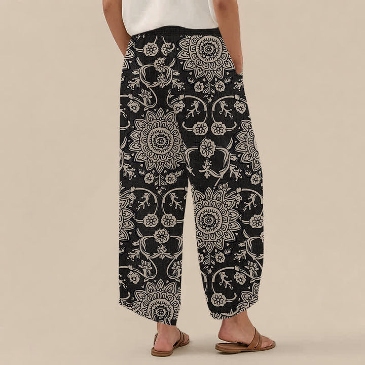 Buddha Stones Cotton Vintage Floral Mandala Pattern Pleated Elastic Waist Women's Harem Pants With Pockets - image 8