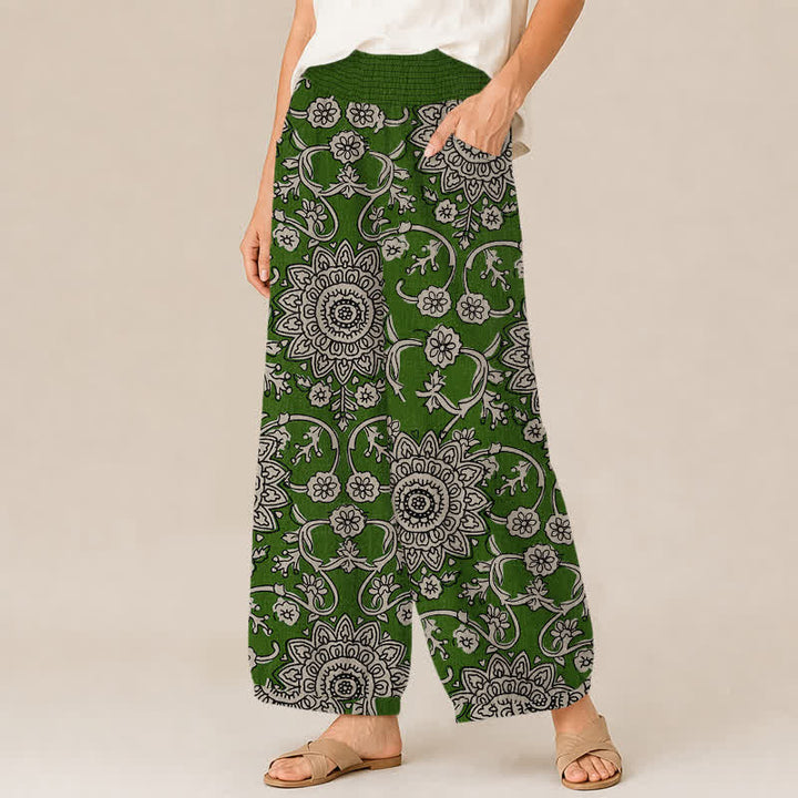 Buddha Stones Cotton Vintage Floral Mandala Pattern Pleated Elastic Waist Women's Harem Pants With Pockets - image 13