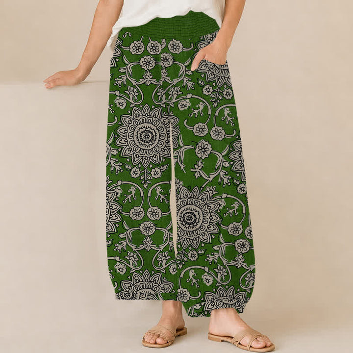 Buddha Stones Cotton Vintage Floral Mandala Pattern Pleated Elastic Waist Women's Harem Pants With Pockets - DarkOliveGreen - US16，UK/AU20，EU48 (3XL) - image 12