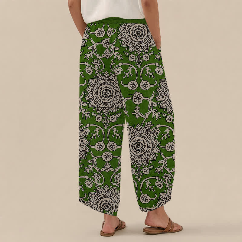 Buddha Stones Cotton Vintage Floral Mandala Pattern Pleated Elastic Waist Women's Harem Pants With Pockets - image 14
