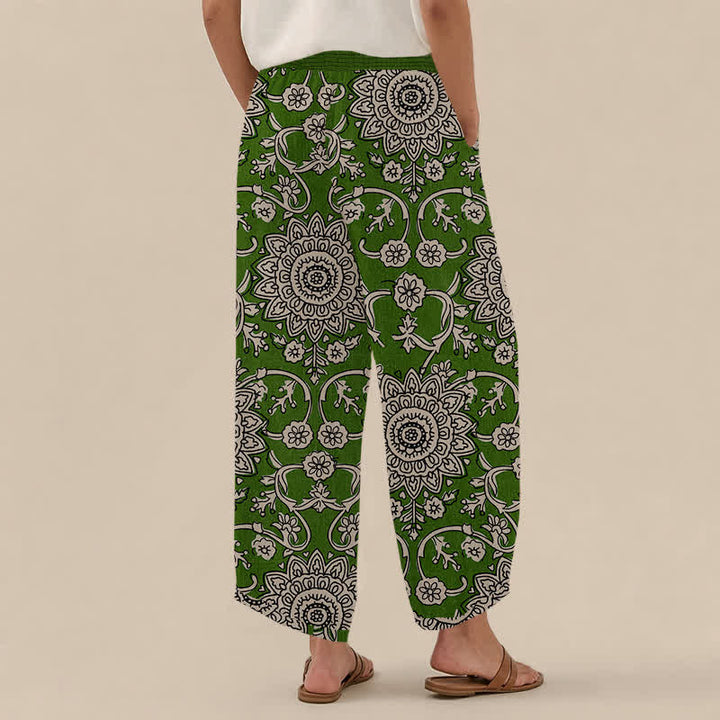 Buddha Stones Cotton Vintage Floral Mandala Pattern Pleated Elastic Waist Women's Harem Pants With Pockets - image 14