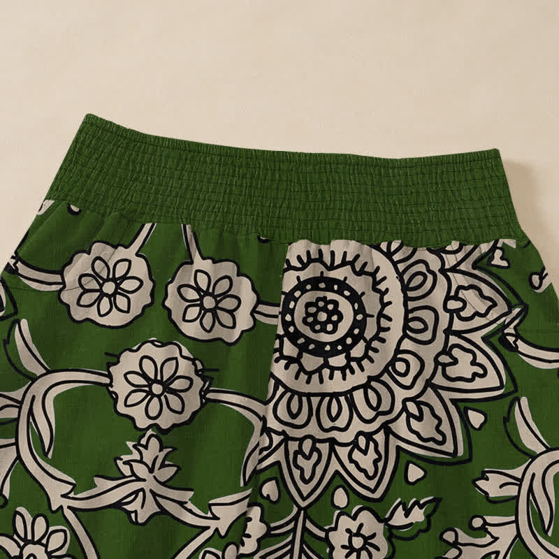 Buddha Stones Cotton Vintage Floral Mandala Pattern Pleated Elastic Waist Women's Harem Pants With Pockets - image 16