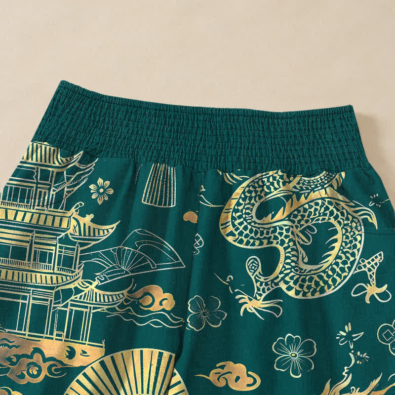 Buddha Stones Cotton Oriental Dragon Palace Pattern Pleated Elastic Waist Women's Harem Pants With Pockets - image 4