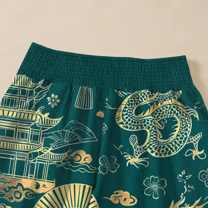 Buddha Stones Cotton Oriental Dragon Palace Pattern Pleated Elastic Waist Women's Harem Pants With Pockets - image 4