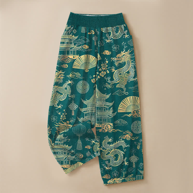 Buddha Stones Cotton Oriental Dragon Palace Pattern Pleated Elastic Waist Women's Harem Pants With Pockets - image 3