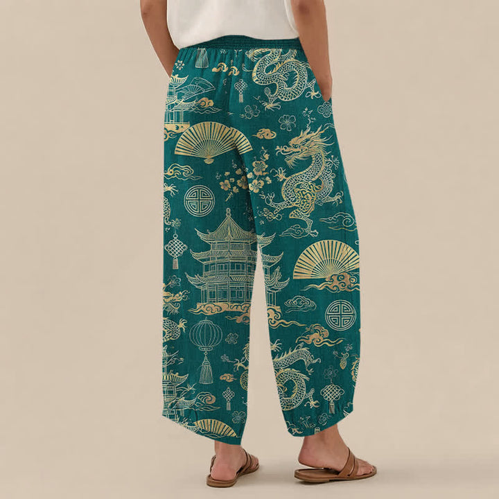 Buddha Stones Cotton Oriental Dragon Palace Pattern Pleated Elastic Waist Women's Harem Pants With Pockets - image 2