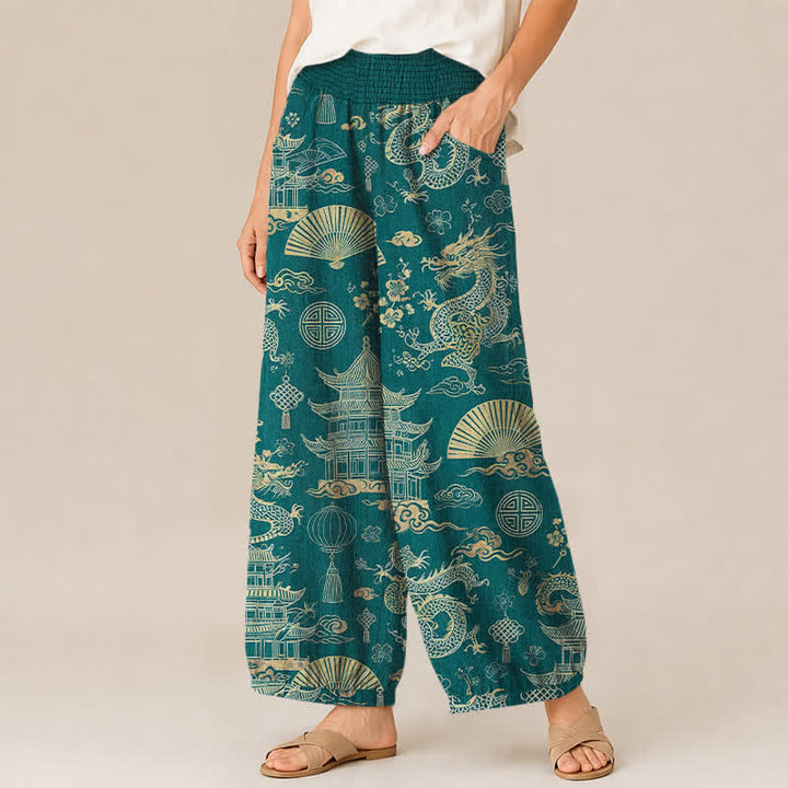 Buddha Stones Cotton Oriental Dragon Palace Pattern Pleated Elastic Waist Women's Harem Pants With Pockets - image 1