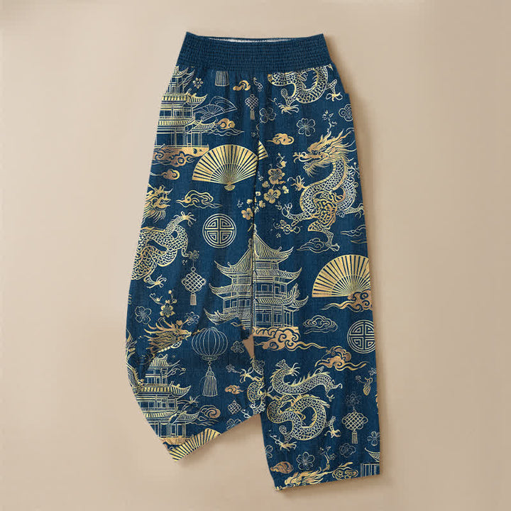 Buddha Stones Cotton Oriental Dragon Palace Pattern Pleated Elastic Waist Women's Harem Pants With Pockets - image 9