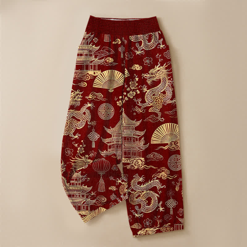 Buddha Stones Cotton Oriental Dragon Palace Pattern Pleated Elastic Waist Women's Harem Pants With Pockets - image 13