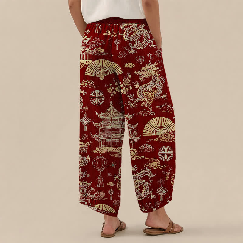 Buddha Stones Cotton Oriental Dragon Palace Pattern Pleated Elastic Waist Women's Harem Pants With Pockets - image 12