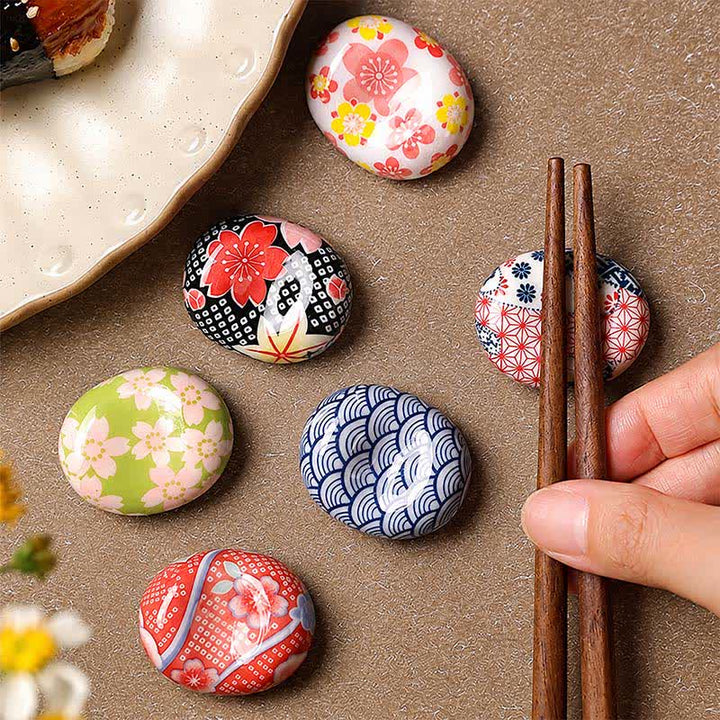 Buddha Stones Ceramic Floral Pattern Oval Broad Bean Chopstick Holder - image 0
