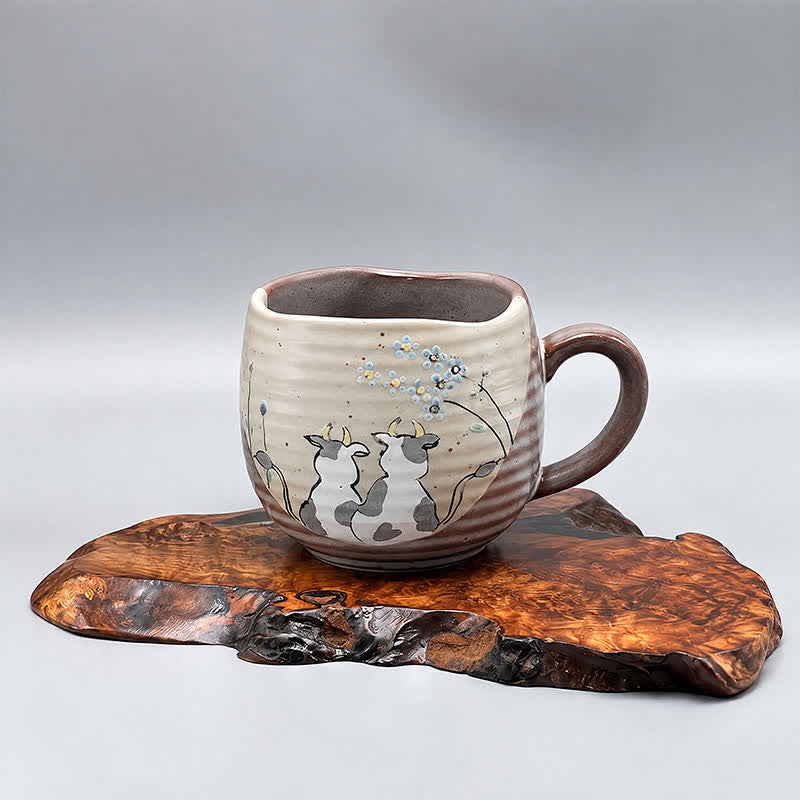 Buddha Stones Japanese Kutani Hand Painted Cat Floral Cow Rabbit Ocean Pattern Ceramic Tea Cup Mug - Cow Approx. 10.5 x 7.5 x 8cm - 201-300ml - image 6