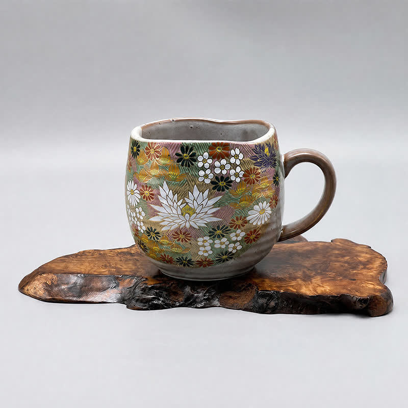 Buddha Stones Japanese Kutani Hand Painted Cat Floral Cow Rabbit Ocean Pattern Ceramic Tea Cup Mug - Floral Approx. 10.5 x 7.5 x 8cm - 201-300ml - image 3
