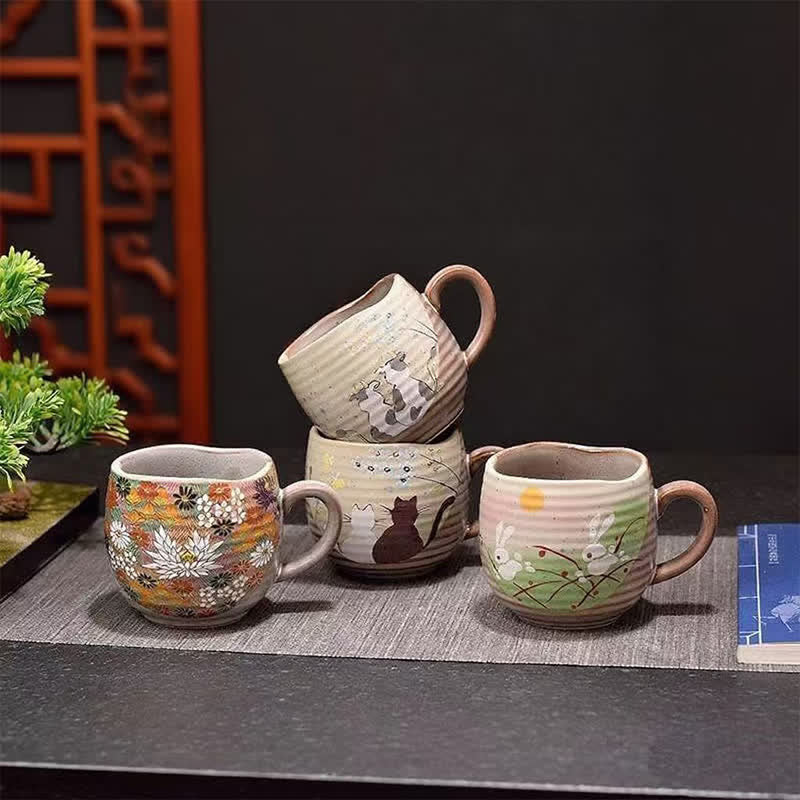 Buddha Stones Japanese Kutani Hand Painted Cat Floral Cow Rabbit Ocean Pattern Ceramic Tea Cup Mug - image 14
