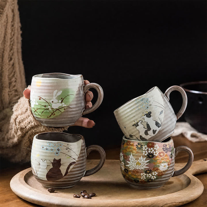 Buddha Stones Japanese Kutani Hand Painted Cat Floral Cow Rabbit Ocean Pattern Ceramic Tea Cup Mug - image 0