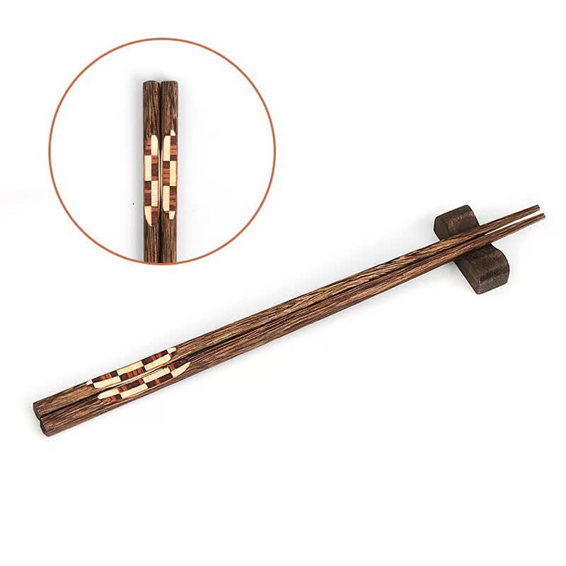 Buddha Stones Wenge Wood Retro Geometric Inlaid Japanese Style Grounding Chopsticks - White-Brown - 6 Pairs Set (One Pcs For Each Pattern) - image 3