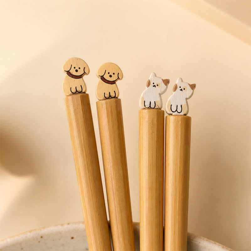 Buddha Stones Japanese Style Puppy Dog Cat Bamboo Wood Chopsticks - image 0