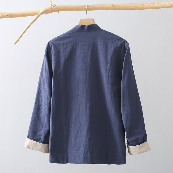 Buddha Stones Fall Casual Tang Style Mandarin Collar Frog Button Solid Fleece-lined Cotton Linen Men's Jacket With Pocket - image 11