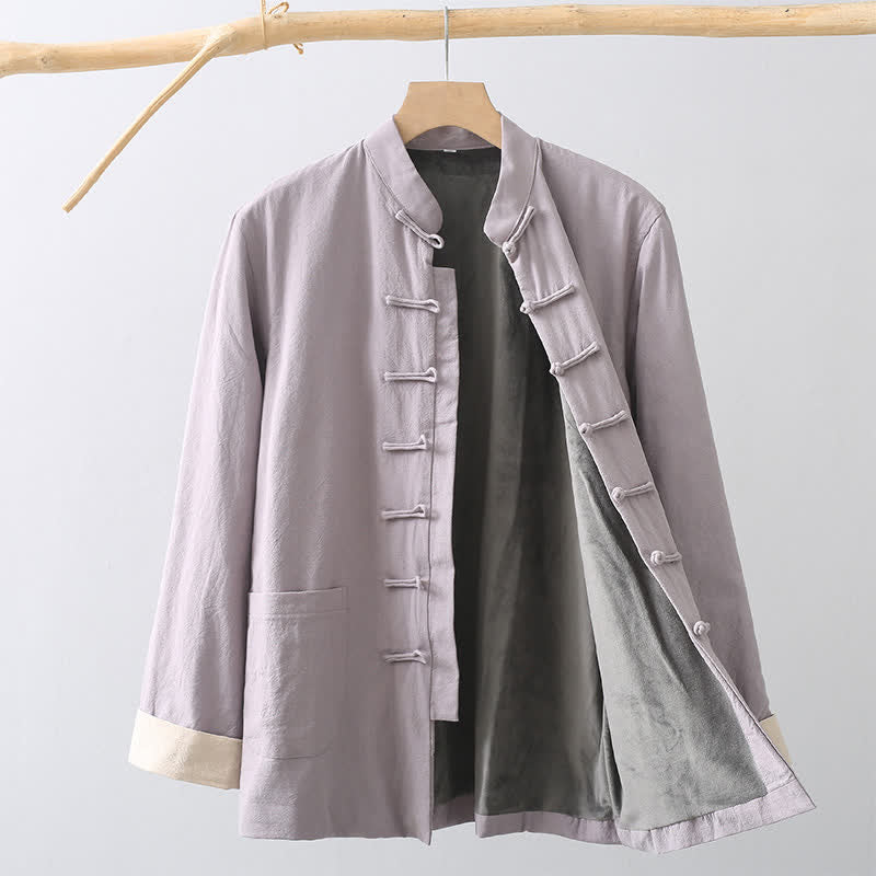 Buddha Stones Fall Casual Tang Style Mandarin Collar Frog Button Solid Fleece-lined Cotton Linen Men's Jacket With Pocket - DarkGray - US/UK/AU46，EU56 (5XL) - image 17