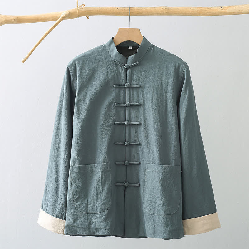 Buddha Stones Fall Casual Tang Style Mandarin Collar Frog Button Solid Fleece-lined Cotton Linen Men's Jacket With Pocket - image 1