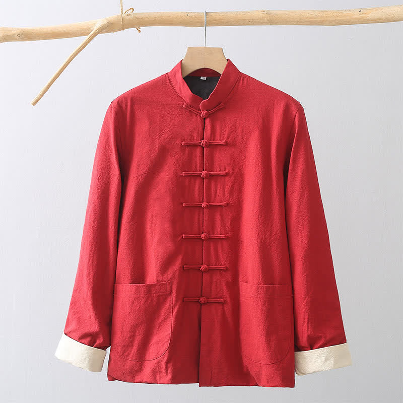 Buddha Stones Fall Casual Tang Style Mandarin Collar Frog Button Solid Fleece-lined Cotton Linen Men's Jacket With Pocket - image 16