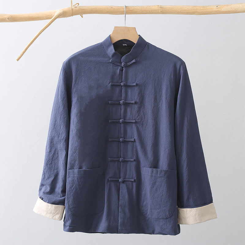 Buddha Stones Fall Casual Tang Style Mandarin Collar Frog Button Solid Fleece-lined Cotton Linen Men's Jacket With Pocket - image 10