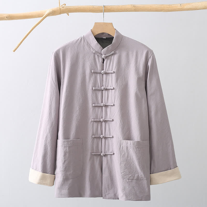 Buddha Stones Fall Casual Tang Style Mandarin Collar Frog Button Solid Fleece-lined Cotton Linen Men's Jacket With Pocket - image 18