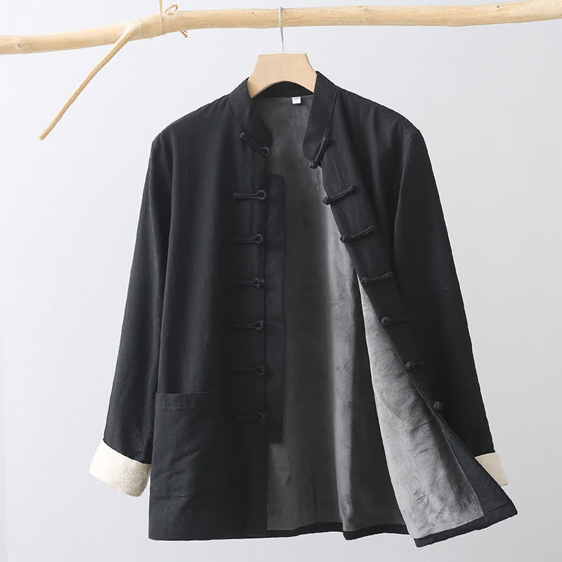 Buddha Stones Fall Casual Tang Style Mandarin Collar Frog Button Solid Fleece-lined Cotton Linen Men's Jacket With Pocket - Black - US/UK/AU46，EU56 (5XL) - image 13