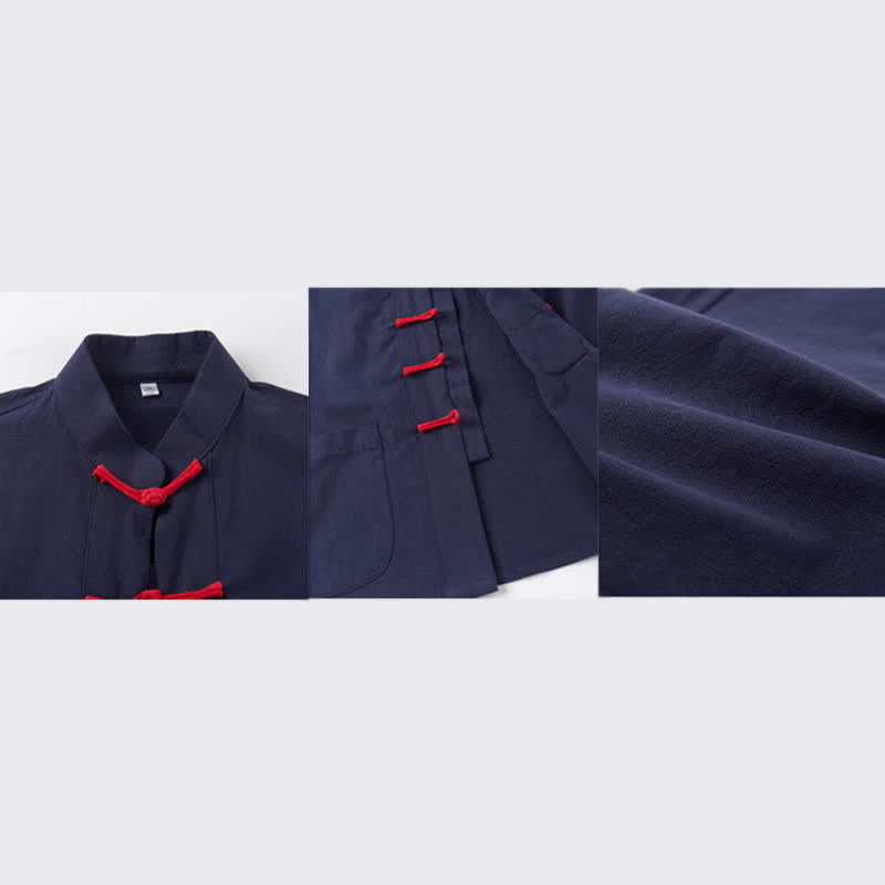 Buddha Stones Fall Winter Tang Style Meditation Mandarin Collar Frog Button Solid Cotton Linen Men's Meditation Cloth Set - image 1