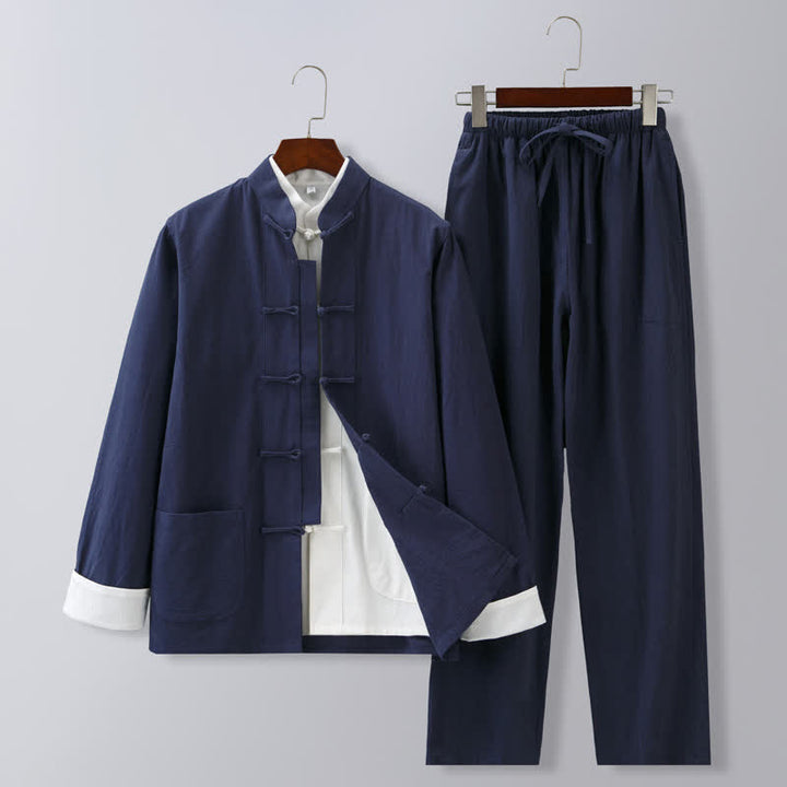 Buddha Stones Fall Winter Tang Style Meditation Mandarin Collar Frog Button Solid Cotton Linen Men's Meditation Cloth Set - Navy Blue White Sleeves - US/UK/AU46，EU56 (5XL) - image 2