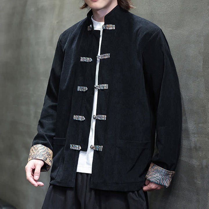 Buddha Stones Fall Winter Casual Retro Tang Style Mandarin Collar Solid Corduroy Men's Jackets With Pocket - image 13