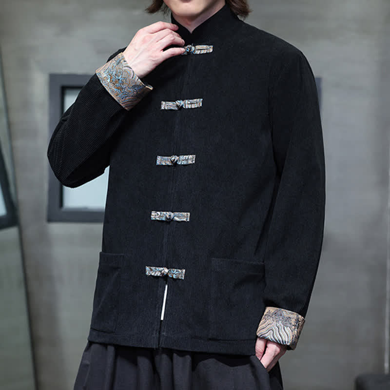 Buddha Stones Fall Winter Casual Retro Tang Style Mandarin Collar Solid Corduroy Men's Jackets With Pocket - image 17