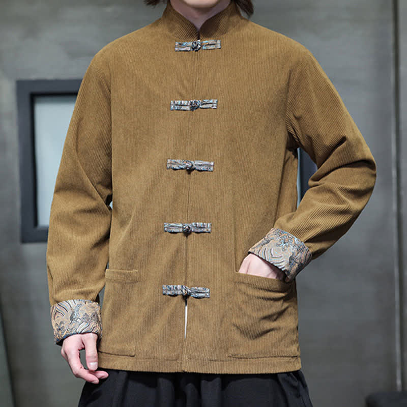 Buddha Stones Fall Winter Casual Retro Tang Style Mandarin Collar Solid Corduroy Men's Jackets With Pocket - image 2