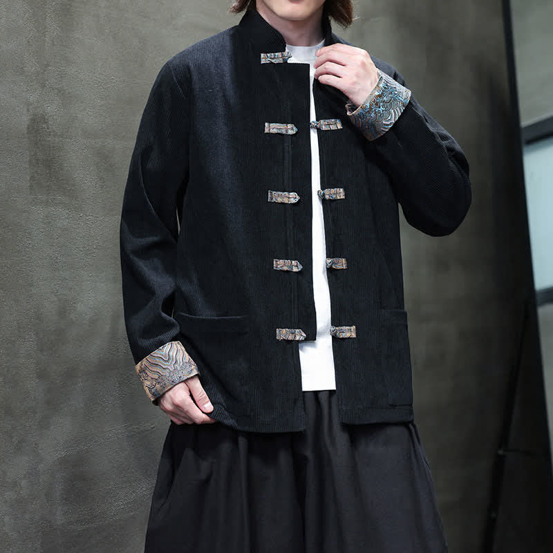 Buddha Stones Fall Winter Casual Retro Tang Style Mandarin Collar Solid Corduroy Men's Jackets With Pocket - image 14