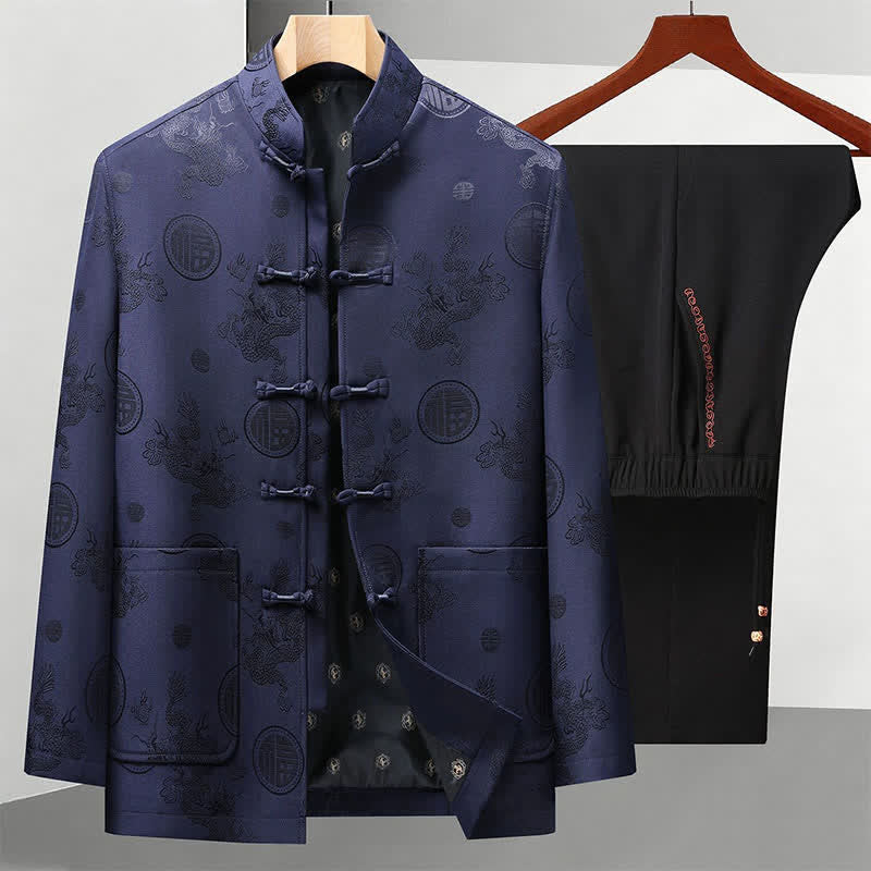 Buddha Stones 2Pcs Fall Winter Tang Style Vintage Mandarin Collar Frog Button Geometric Fu Character Dragon Men's Meditation Cloth With Pockets - Navy Blue Jacket Black Pants - US/UK/AU44，EU54 (4XL) - image 5
