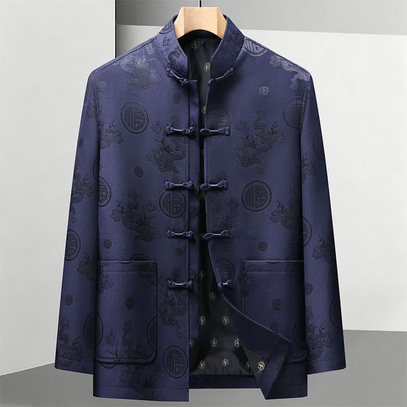 Buddha Stones 2Pcs Fall Winter Tang Style Vintage Mandarin Collar Frog Button Geometric Fu Character Dragon Men's Meditation Cloth With Pockets - Navy Blue Jacket - US/UK/AU44，EU54 (4XL) - image 8