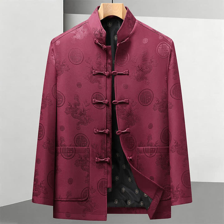 Buddha Stones 2Pcs Fall Winter Tang Style Vintage Mandarin Collar Frog Button Geometric Fu Character Dragon Men's Meditation Cloth With Pockets - Burgundy Jacket - US/UK/AU44，EU54 (4XL) - image 7