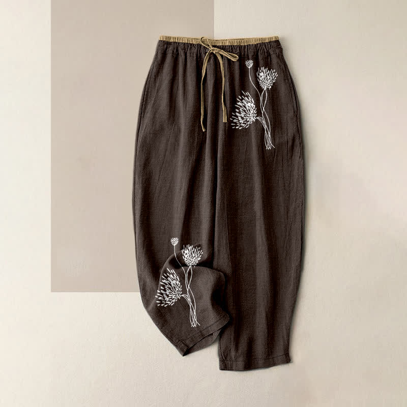 Buddha Stones Pure Cotton Minimalist Floral Pattern Women's Elastic Waist Pants With Pockets - SaddleBrown - US16，UK/AU20，EU48 (3XL) - image 0