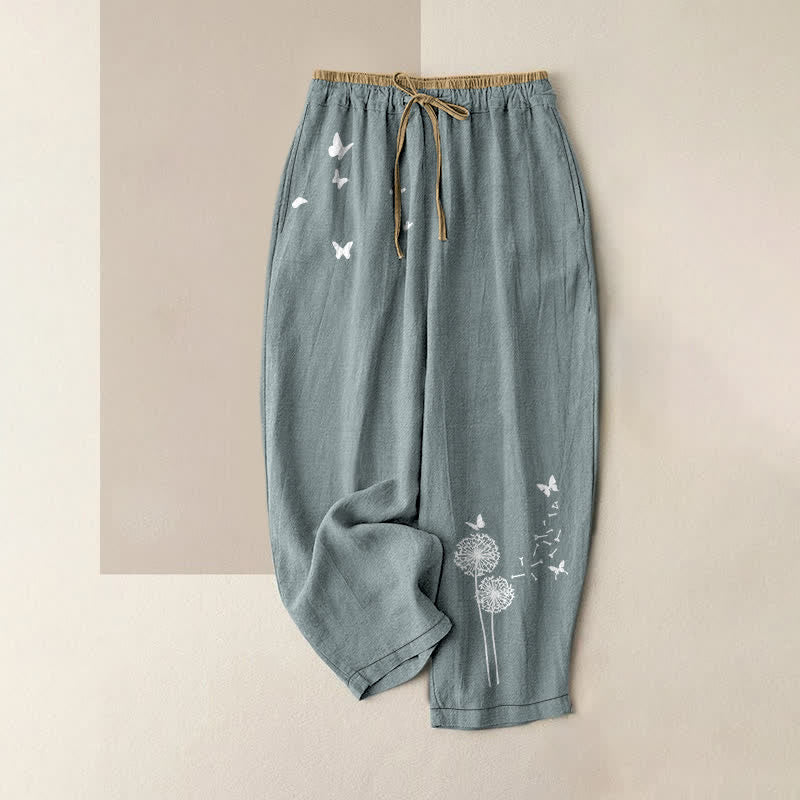 Buddha Stones Pure Cotton Butterfly Seed Drift Pattern Women's Elastic Waist Pants With Pockets - LightBlue - US16，UK/AU20，EU48 (3XL) - image 0