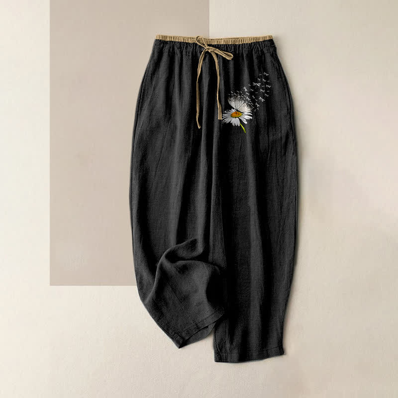 Buddha Stones Pure Cotton Minimal Daisy Flower Pattern Women's Elastic Waist Pants With Pockets - Black - US16，UK/AU20，EU48 (3XL) - image 0